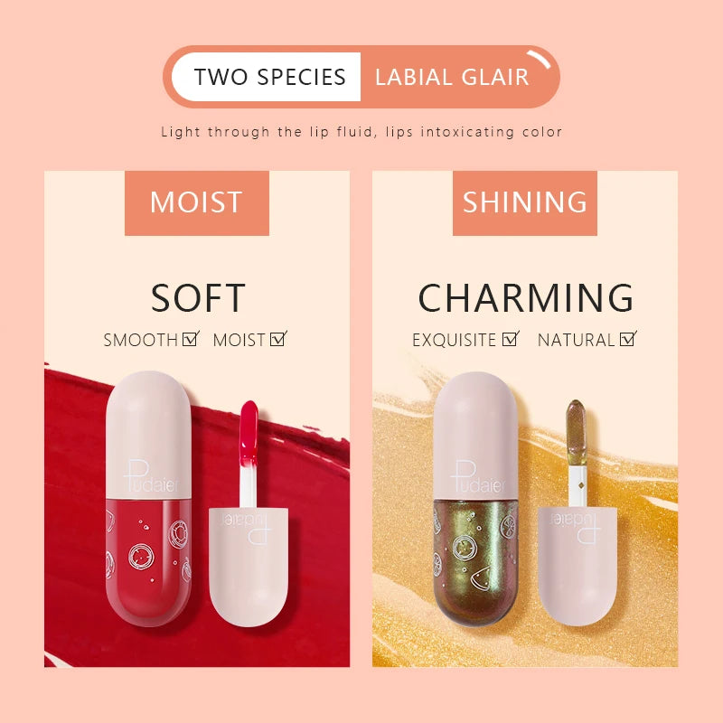 Pudaier mini capsule lip glaze, non-stick and non-fading lip gloss, mirror-finished moisturizing lip gloss