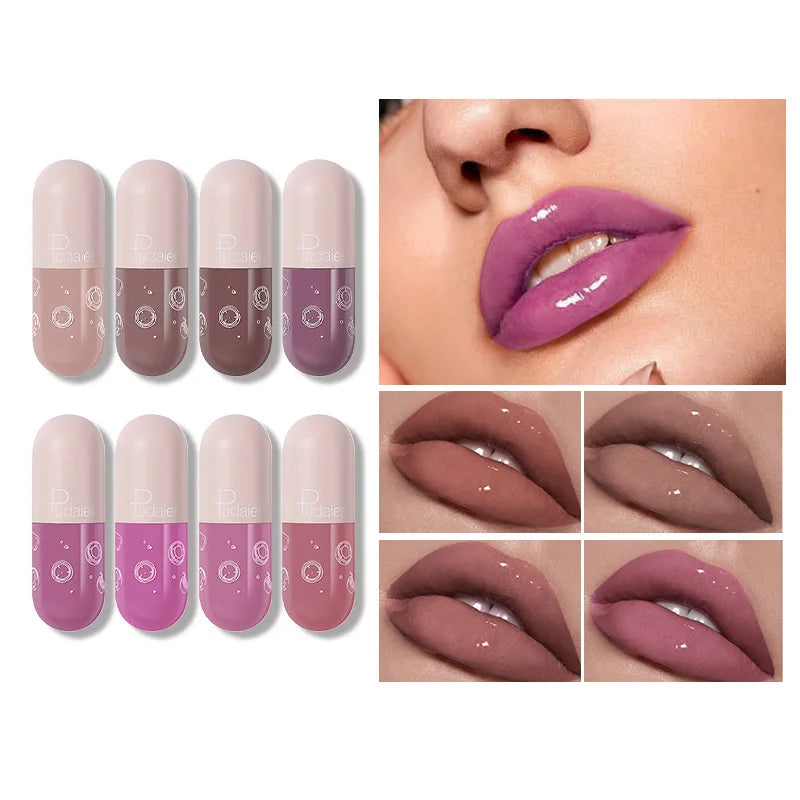 Pudaier mini capsule lip glaze, non-stick and non-fading lip gloss, mirror-finished moisturizing lip gloss